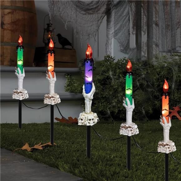 Halloween Decorations, 5 Pack Skull Candle Lights with Stakes, Battery Operated - Picture 1 of 8